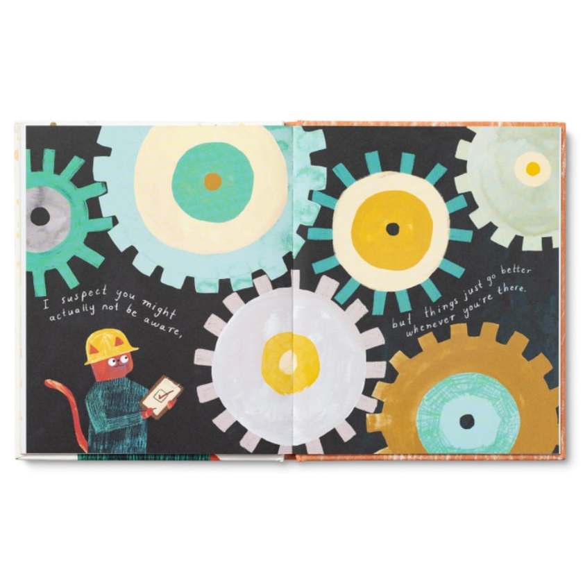 Book cover with colorful gears and a character holding a book on a white background