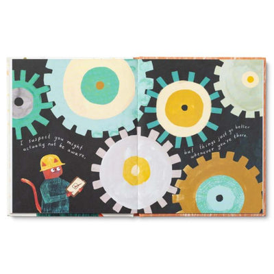 Book cover with colorful gears and a character holding a book on a white background