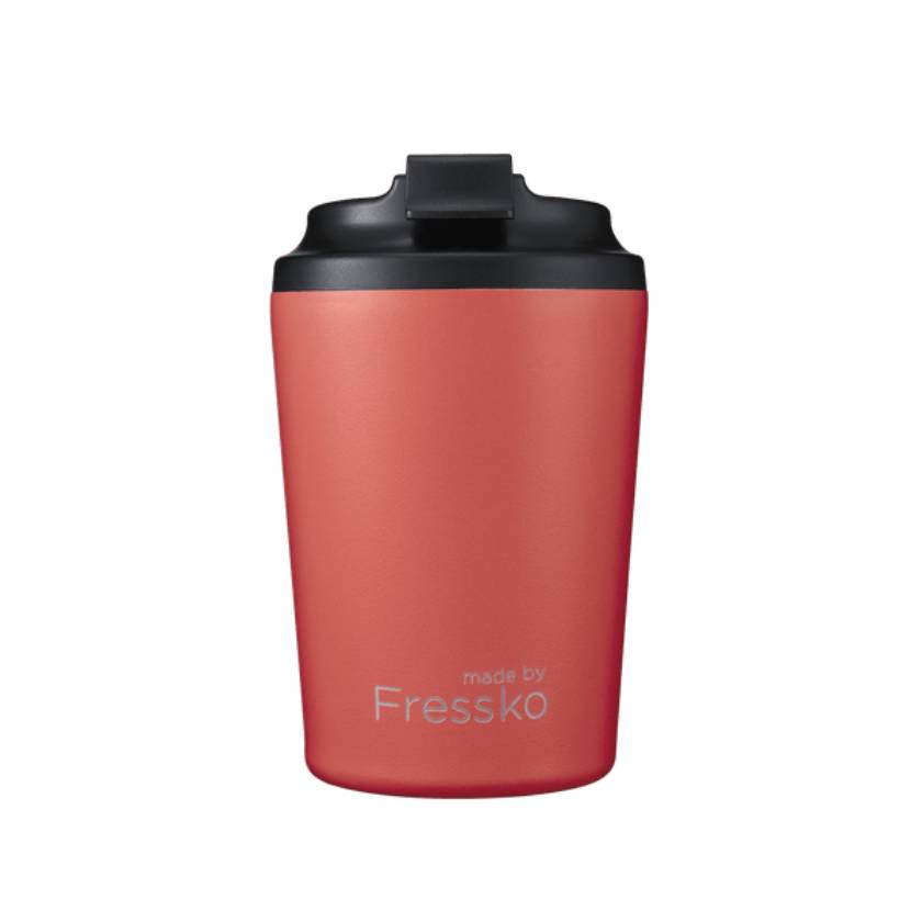 Made by Fressko Double walled insulated coffee cups with screw on lid. No spill coffee cup in Watermelon colour