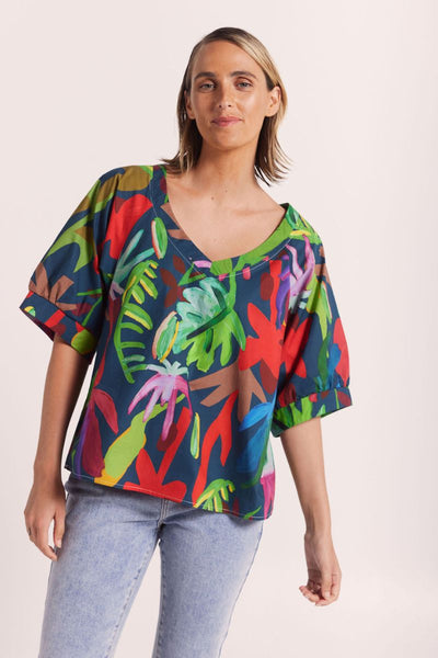 V Neck top in jungle boogie pattern by Wear Colour