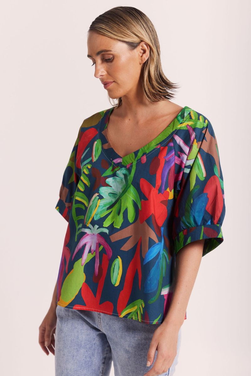 V Neck top in jungle boogie pattern by Wear Colour