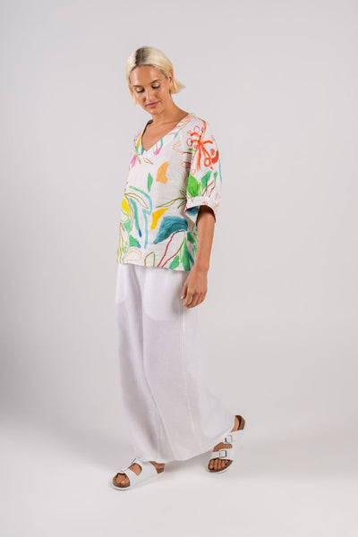 Wear Colour 100% Linen Half Sleeve Top with Deep V Neck in Botanical Print by Wear Colour, Australian fashion label