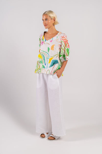 Wear Colour 100% Linen Half Sleeve Top with Deep V Neck in Botanical Print by Wear Colour, Australian fashion label