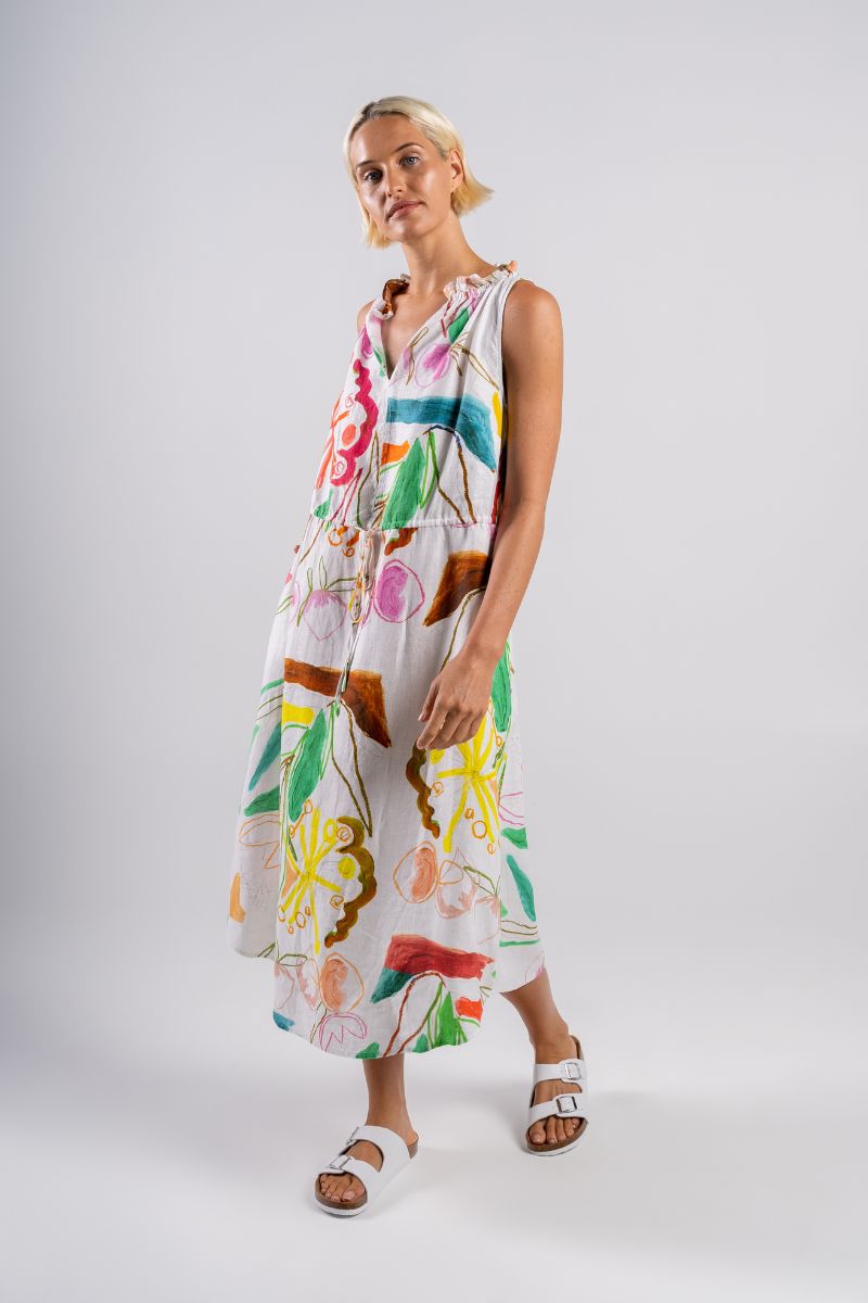 Wear Colour 100% Linen Ruffle Trim Longline Dress in Botanical print by Wear Colour, Australian fashion label