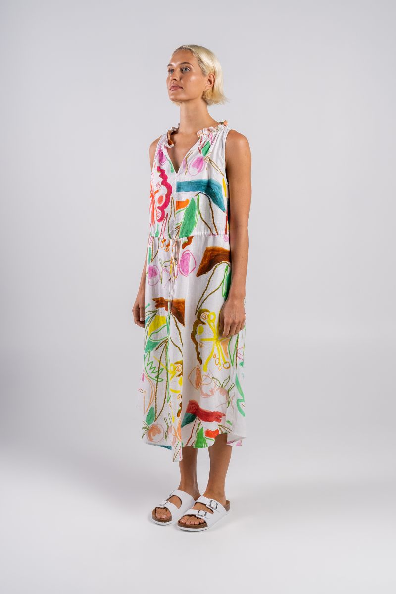 Wear Colour 100% Linen Ruffle Trim Longline Dress in Botanical print by Wear Colour, Australian fashion label