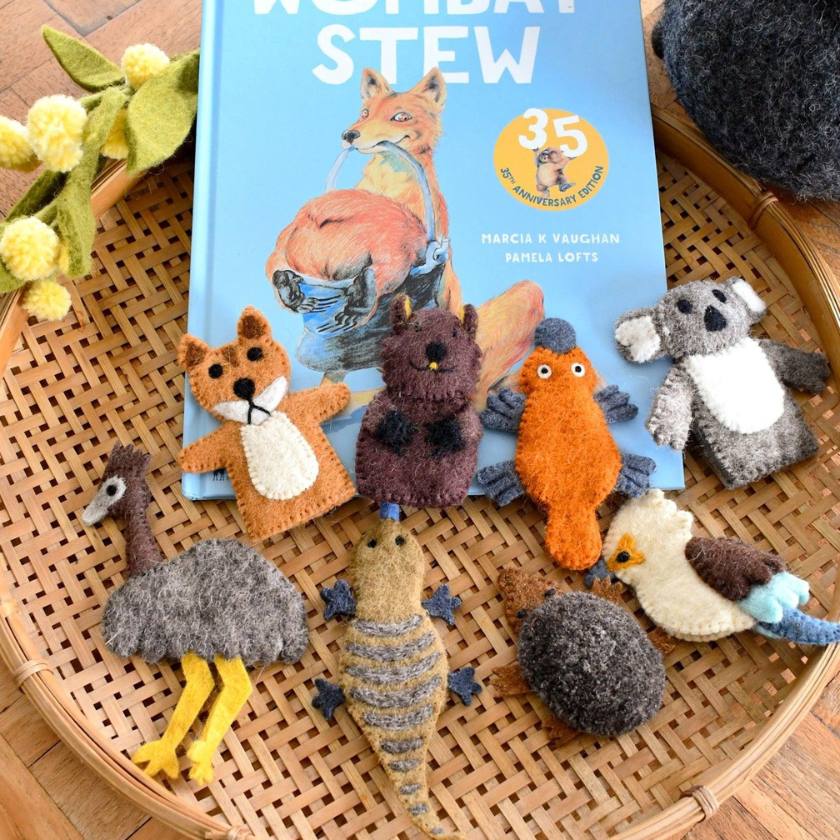 Felt finger puppets to go along with the book, Wombat Stew