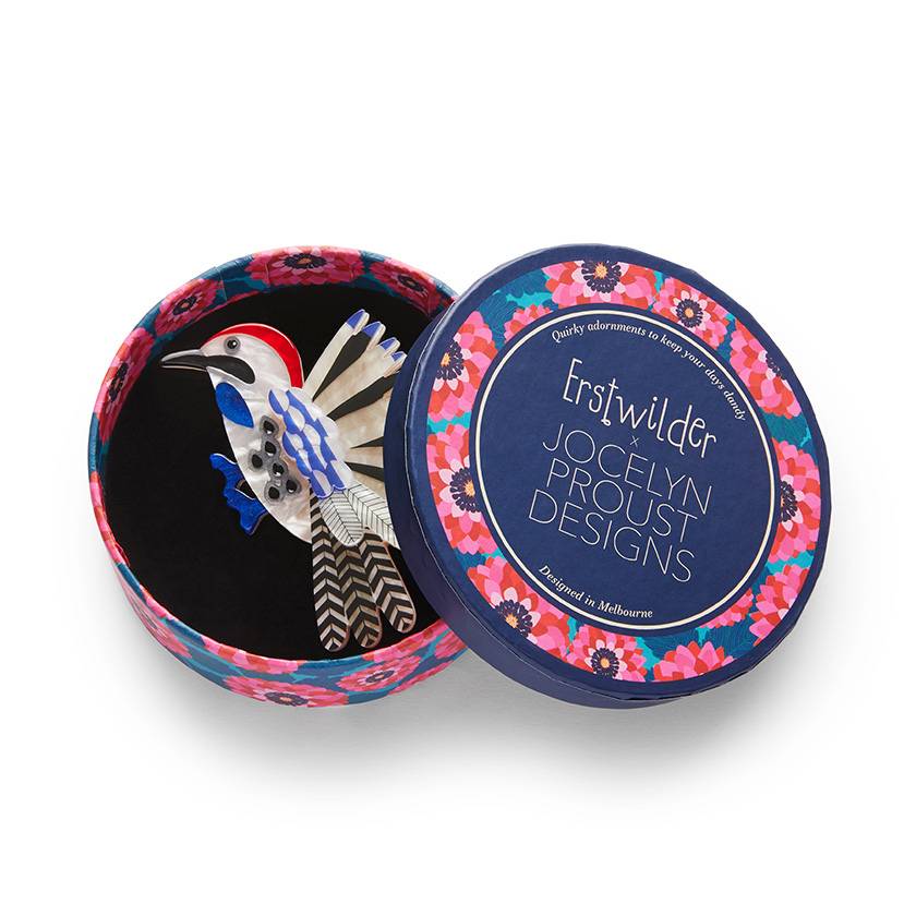 In box - Wondrous woodpecker brooch by Erstwilder from their 2025 Jocelyn Proust collection