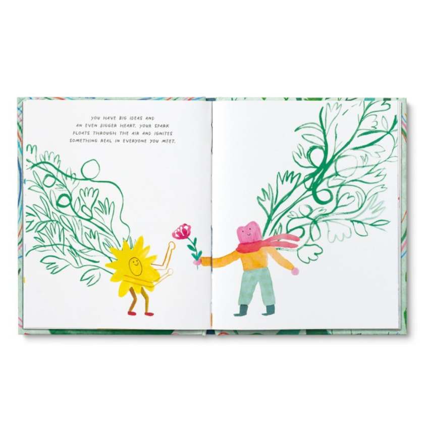 Illustrated book open to two pages with colorful drawings of a sun, a person holding flowers, and green foliage.