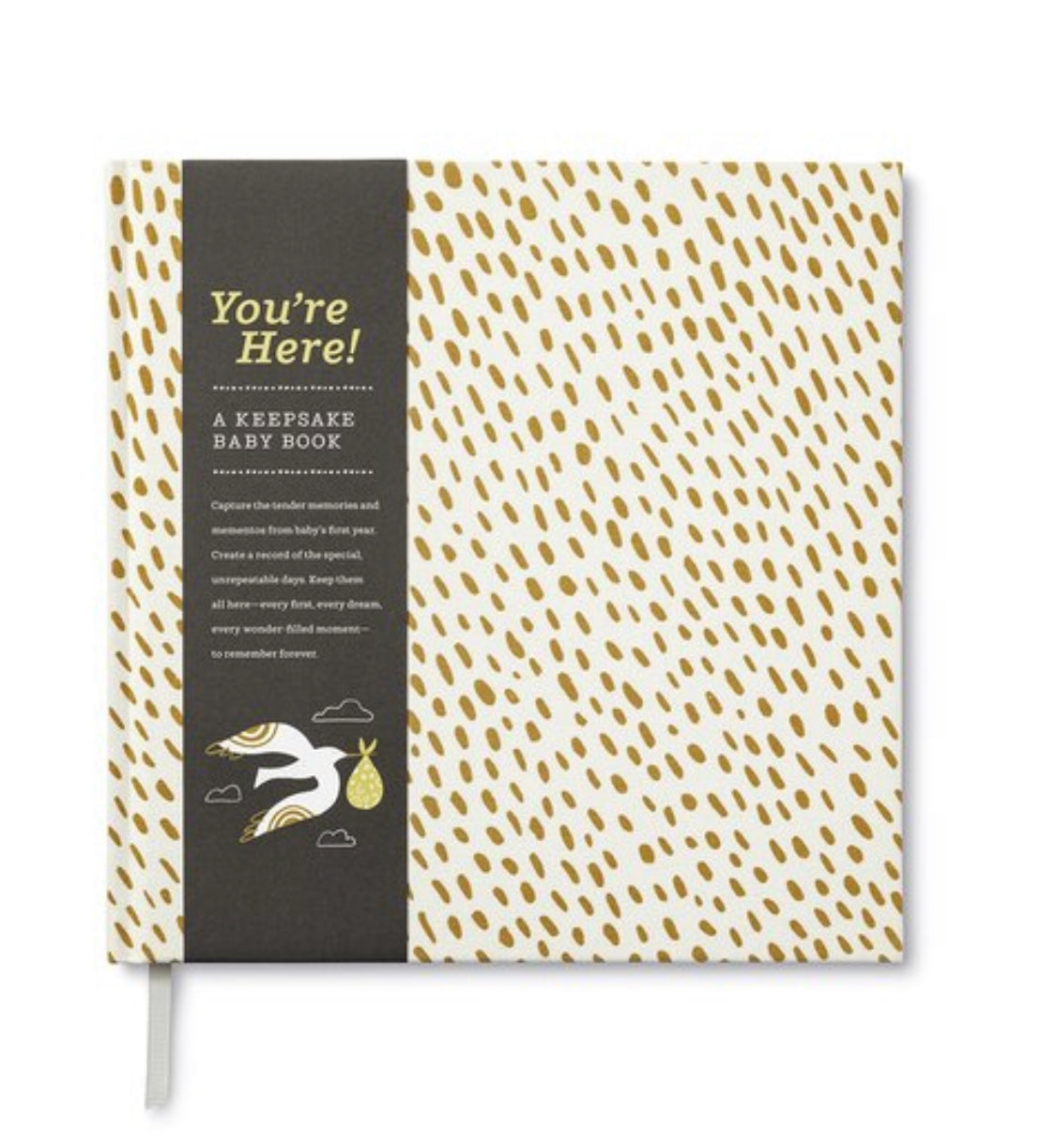 You're Here Baby book with mustard spots and white background