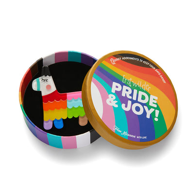 Viva Pride Pinata resin brooch from Erstwilder's 2023 Pride and Joy collection in gift box