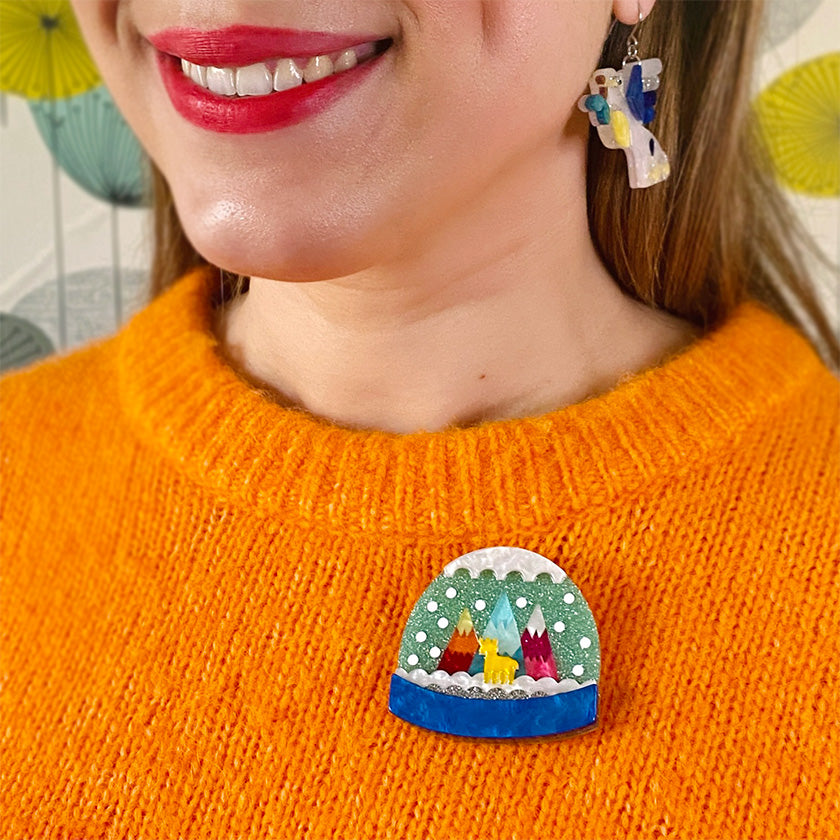 It's Cold Outside brooch by Erstwilder from their Modern Holiday collection on model