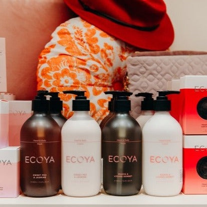 Ecoya Hand and Body lotion and hand wash on shelf at Zebra Finch