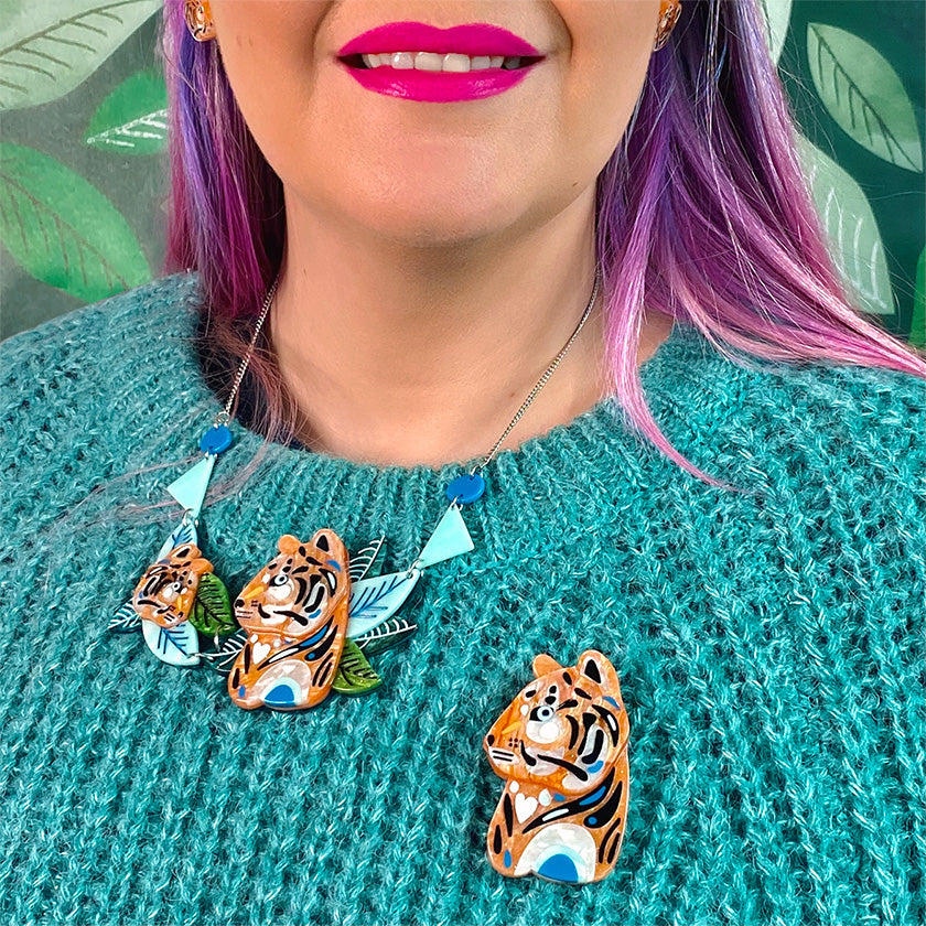 The Tranquil Tiger Brooch on model with tiger necklace by Erstwilder and Pete Cromer