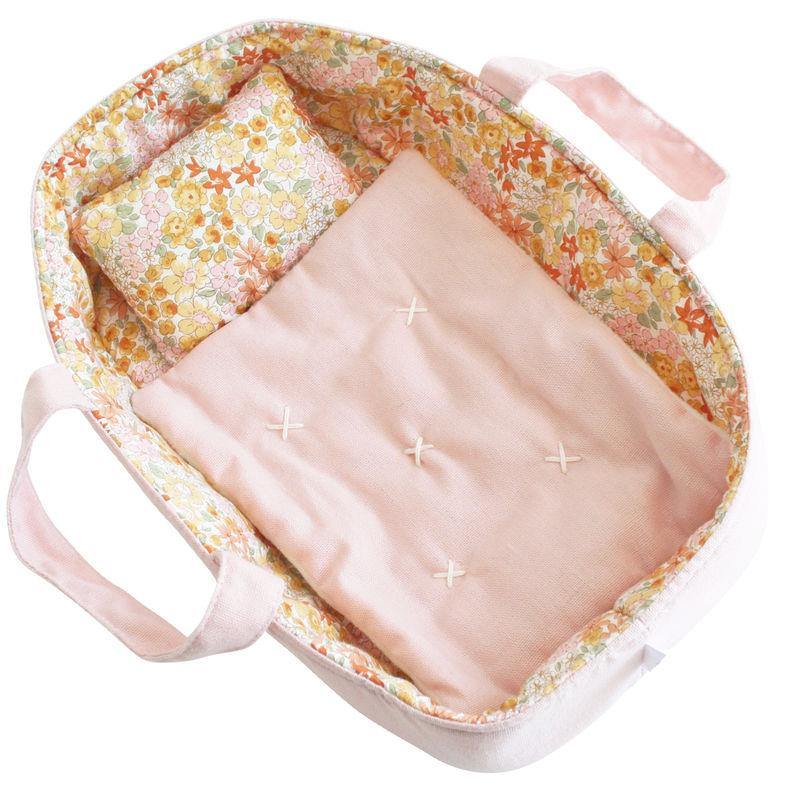 Alimrose marigold doll carrier with pillow and linen