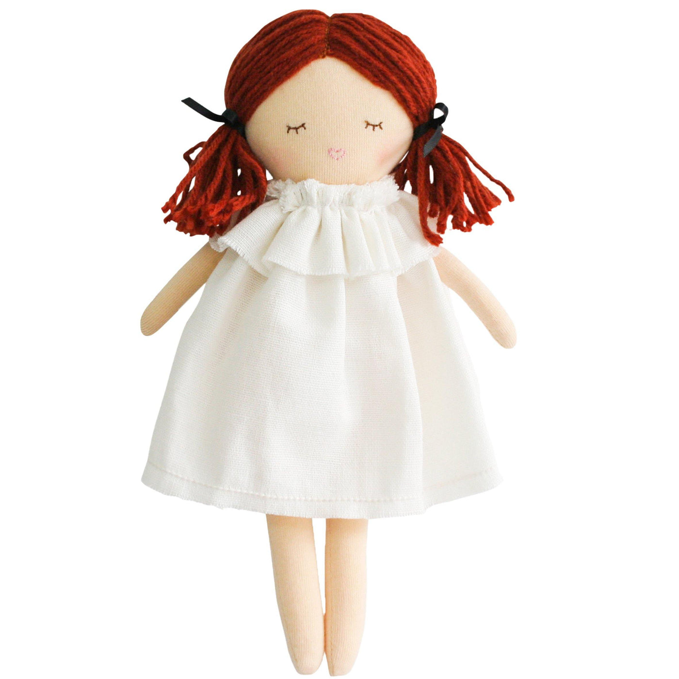 Matilda doll with white dress and brown hair with sleepy eyes