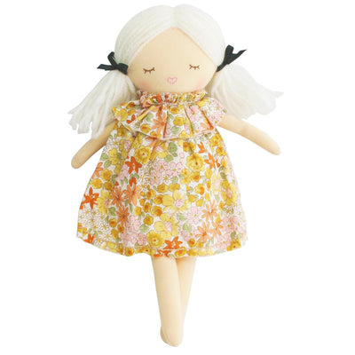 Matilda doll with floral dress and white hair with sleepy eyes