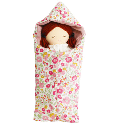 Floral pink mini sleeping bag with doll inside