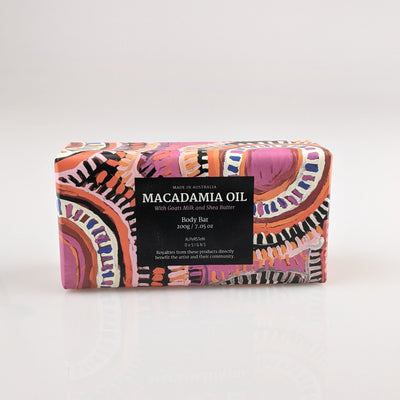 Bar of soap wrapped in Indigenous artwork