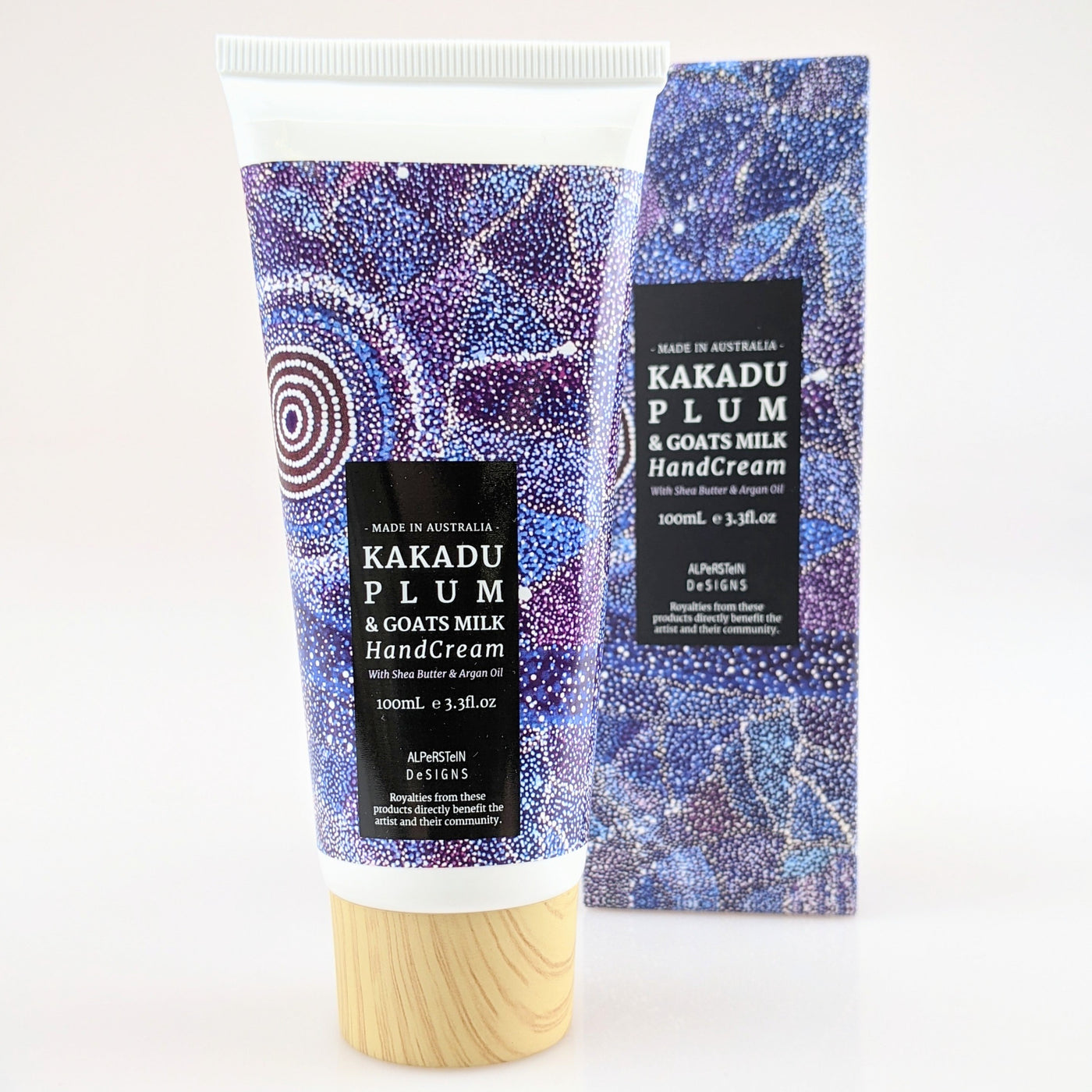 Hand cream in bottle with Indigenous artwork on packaging.