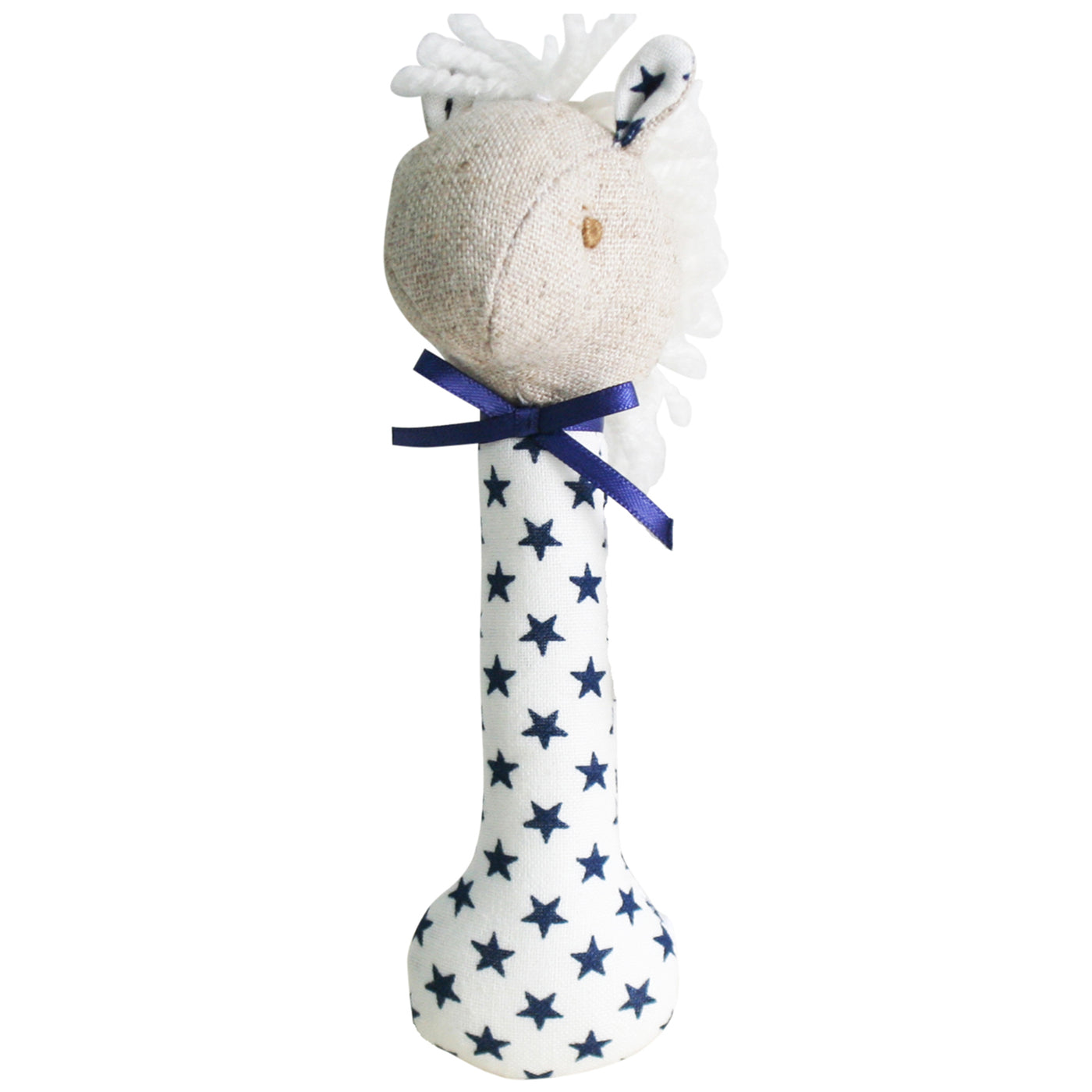 Alimrose horse stick rattle with a linen face and navy stars on stick