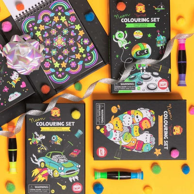 Flat lay of Neon Colouring Sets
