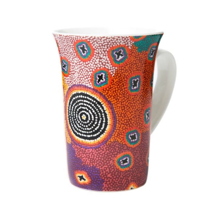 Ruth stewart orange, pink and purple artwork on ceramic coffee mug