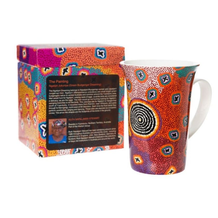 Ruth stewart ceramic coffee mug next to gift box