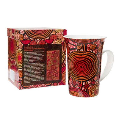 Teddy Gibson Ceramic Mug by Alperstein Designs next to gift box