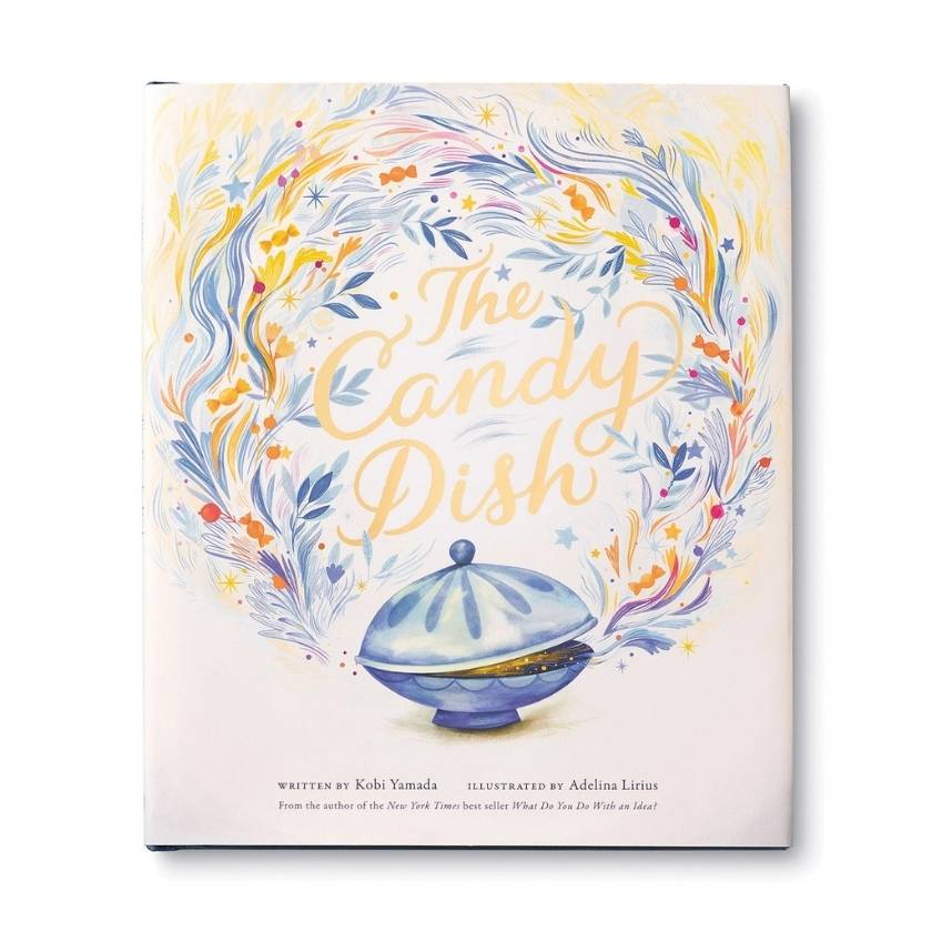 Front cover of The Candy Dish featuring a small blue dish with a lid which is leaking swirling colours.